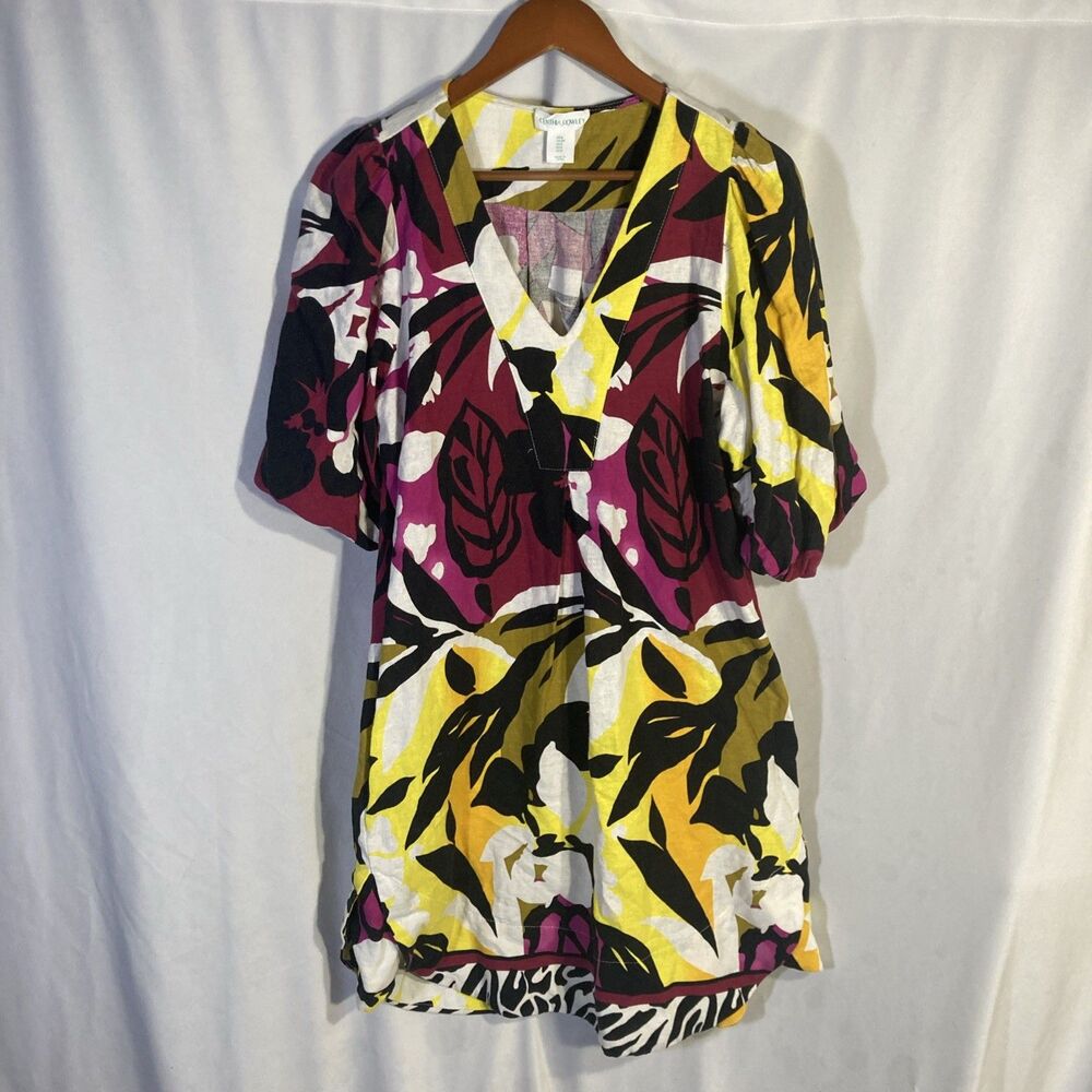 CYNTHIA ROWLEY mutlicolor floral animal print puffy sleeves mini dress S